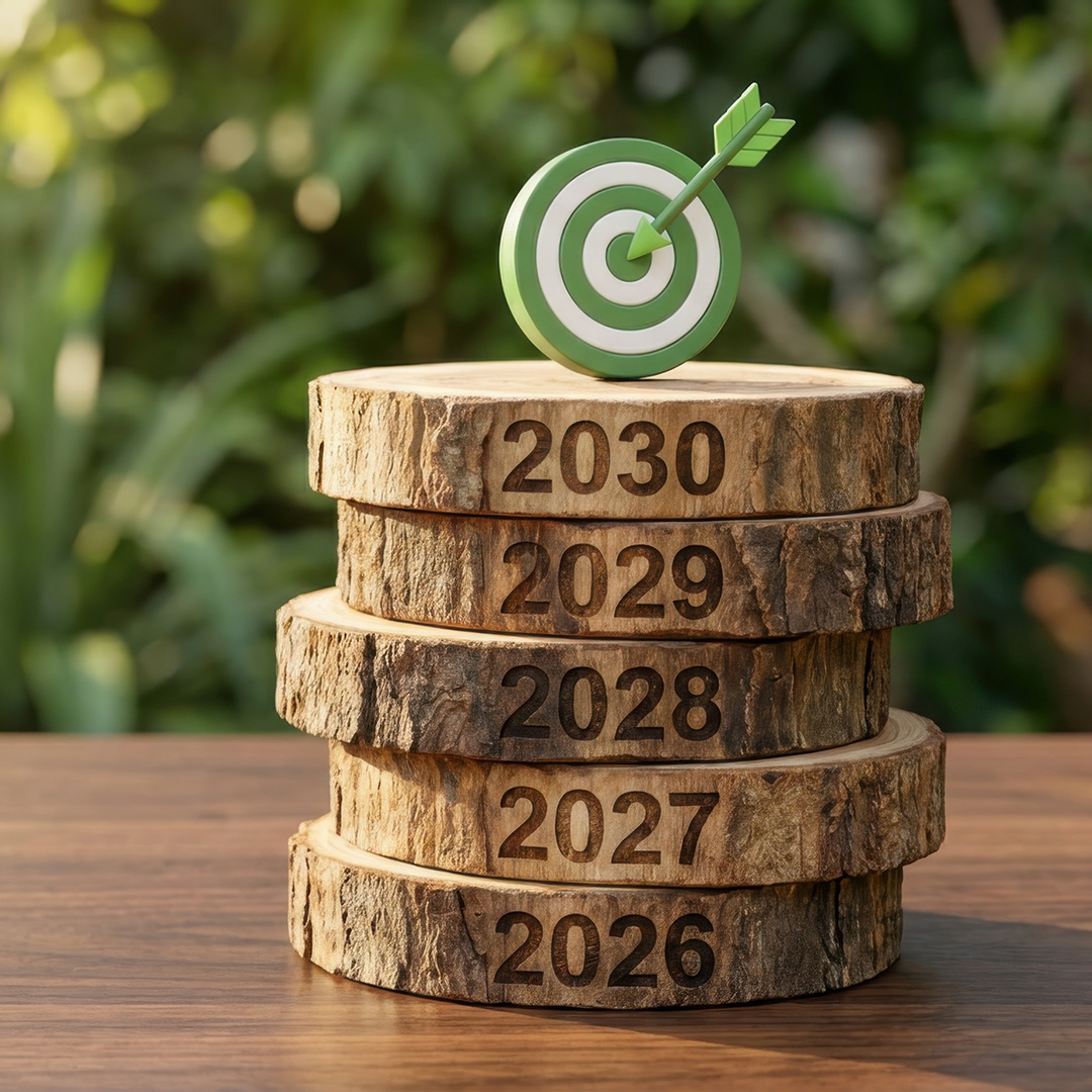 Grüne Zielscheibe mit Pfeil auf gestapelten Holzscheiben mit den Jahreszahlen 2026 bis 2030 als Symbol für messbare Nachhaltigkeitsziele.