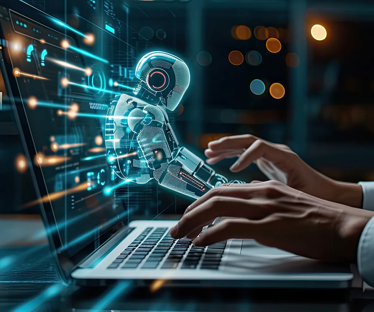 Laptop, Roboter kommt aus Screen